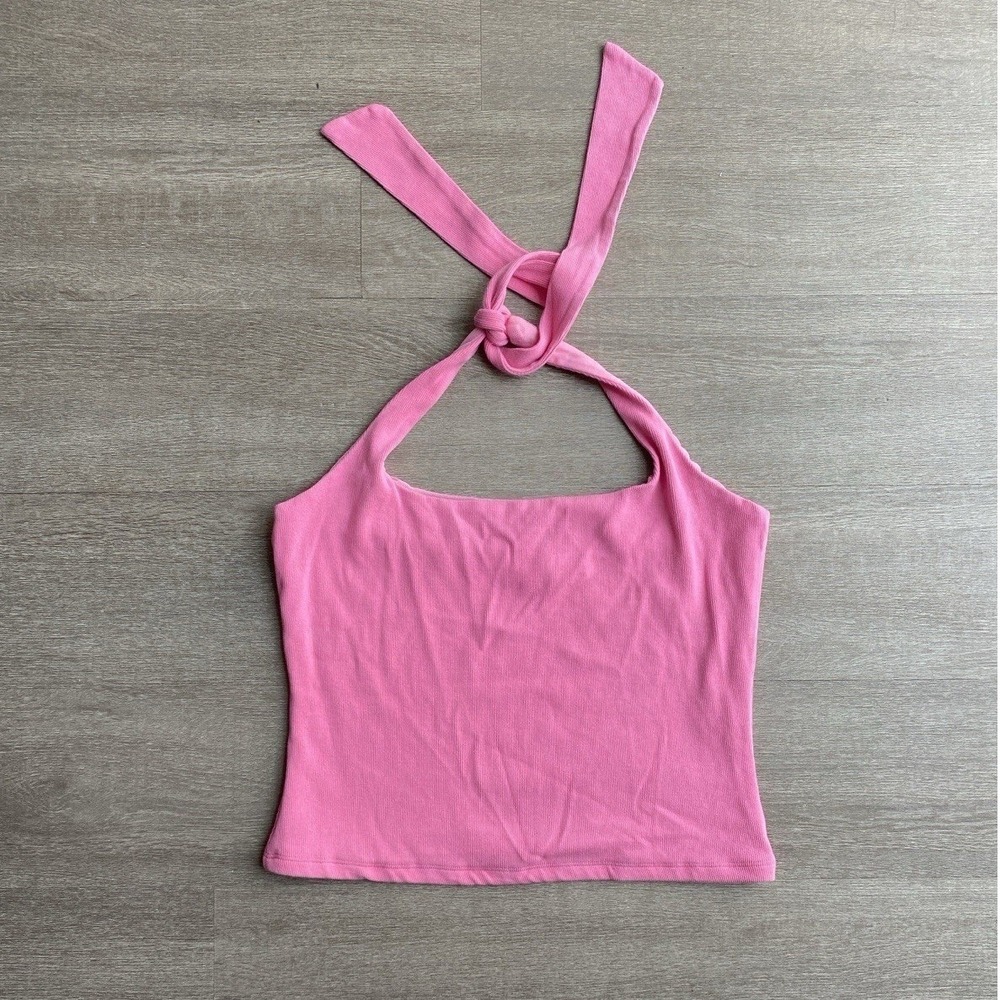 Hello Molly Base Bright Pink Square Neck Halter Top Ribbed Women's Large 1341